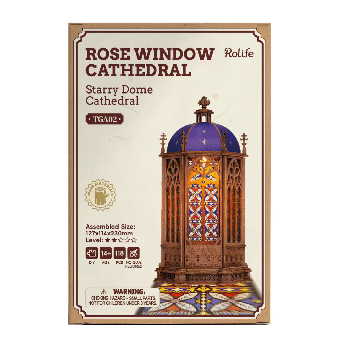 Rolife Starry Dome Cathedral TGA02 package box for Rose Window Cathedral 118-piece wooden puzzle kit