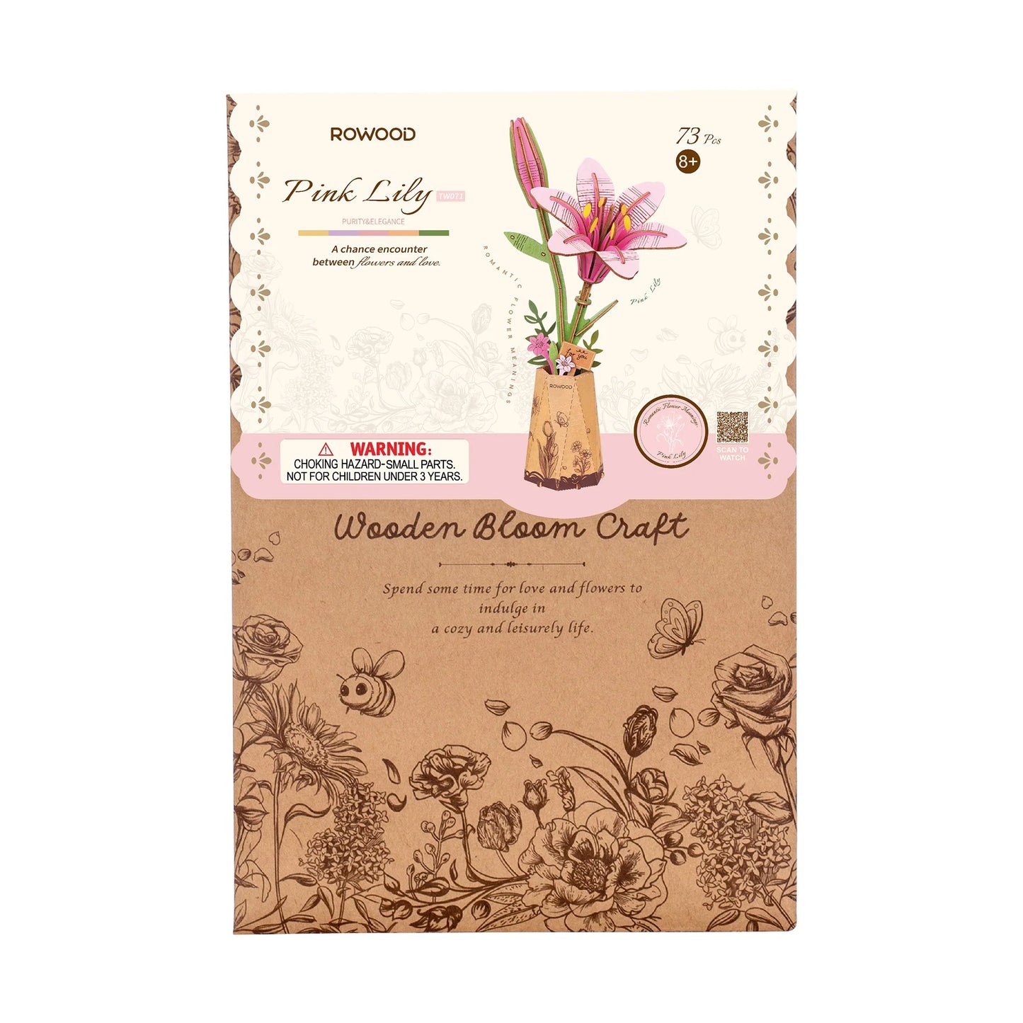 Rowood Pink Lily TW071 wooden flower puzzle packaging box front view