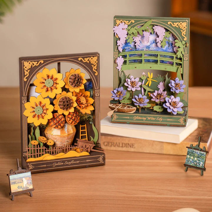 Rowood Glittering Water Lily TH001 displayed with Golden Sunflower as a Rowood floral art series scene