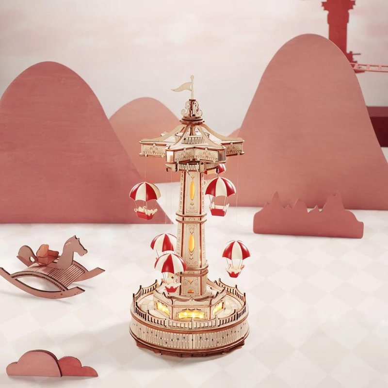 Robotime ROKR Parachute Tower DIY Music Box 3D Wooden Puzzle Magic Amusement Park Series Funny Toy for Kids EA01