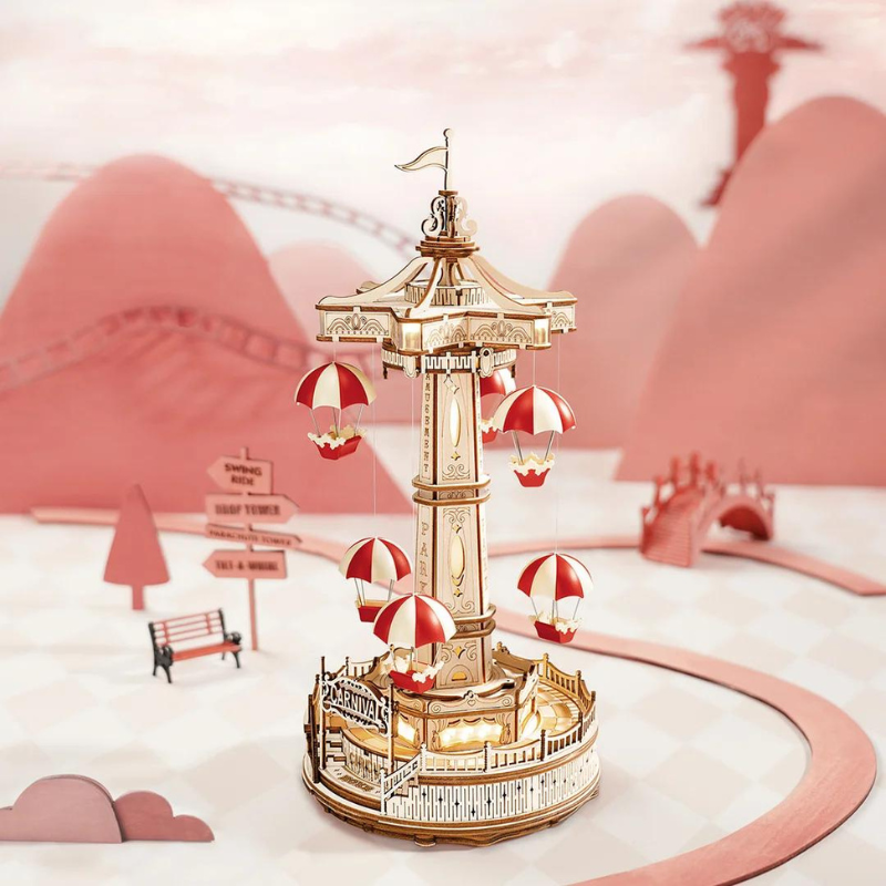 Robotime ROKR Parachute Tower DIY Music Box 3D Wooden Puzzle Magic Amusement Park Series Funny Toy for Kids EA01