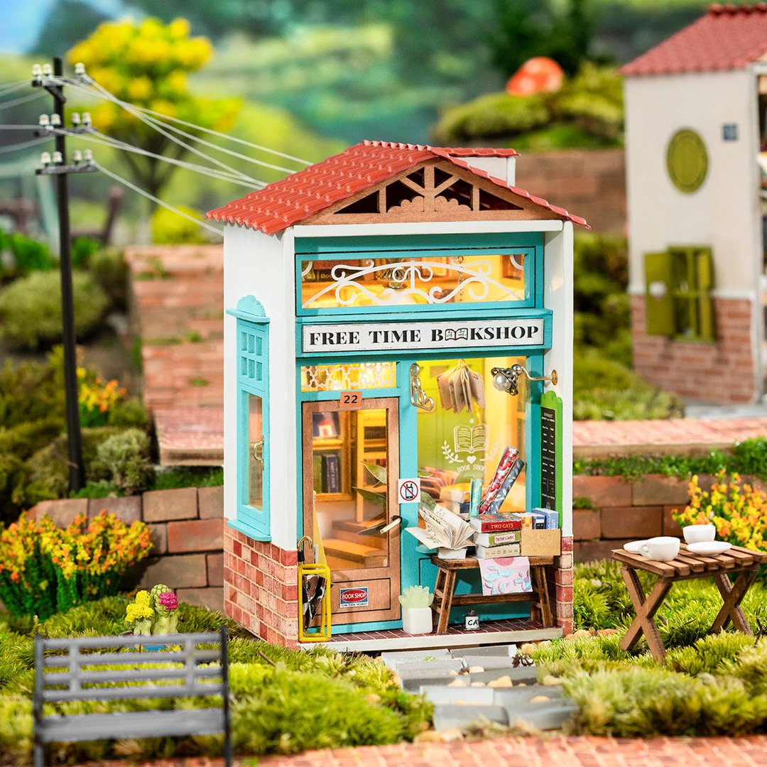 Robotime 3D DIY Wooden Puzzle Free Time Bookshop Miniature Dollhouse Kit DS008