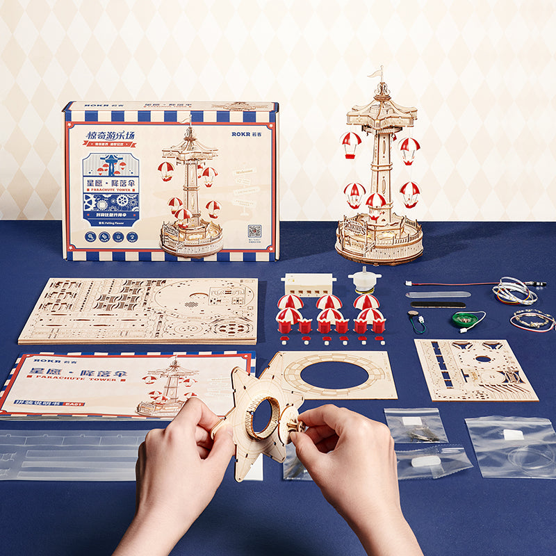 ROKR Parachute Tower DIY Music Box 3D Wooden Puzzle (EA01) | Touch Light Mechanical Puzzle