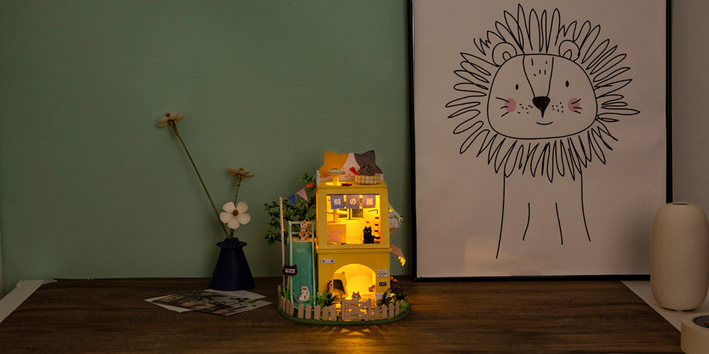 Robotime Rolife Cat House DIY Miniature Dollhouse 3D House Model Kit DG149