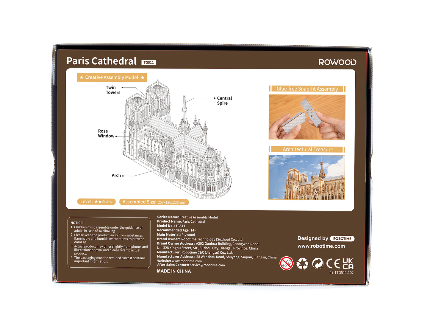 Rowood Paris Cathedral 3D Wooden Puzzle (TG511) | Gothic Architecture Model with LED Lights