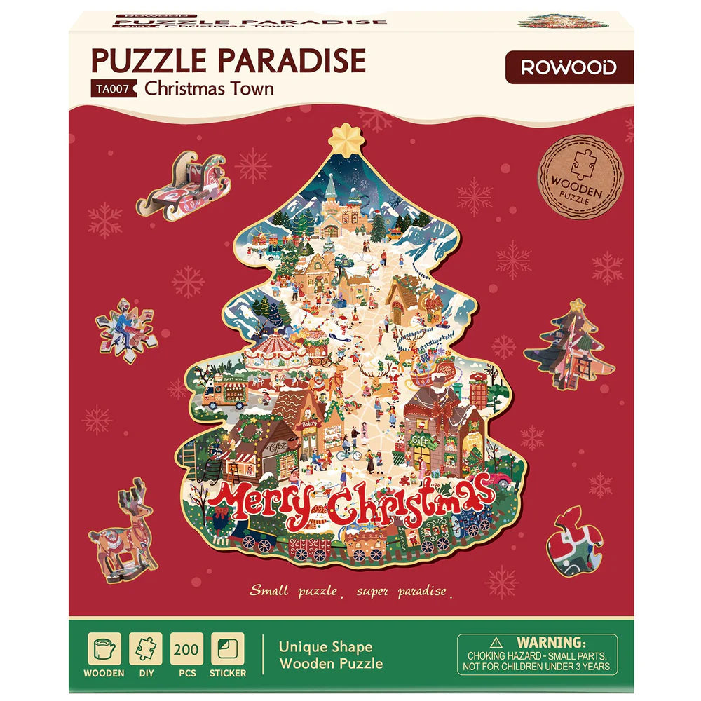 Robotime Christmas Town DIY 3D Wooden Puzzle - TA007 | Miniature Village Kit with LED Lights for Adults