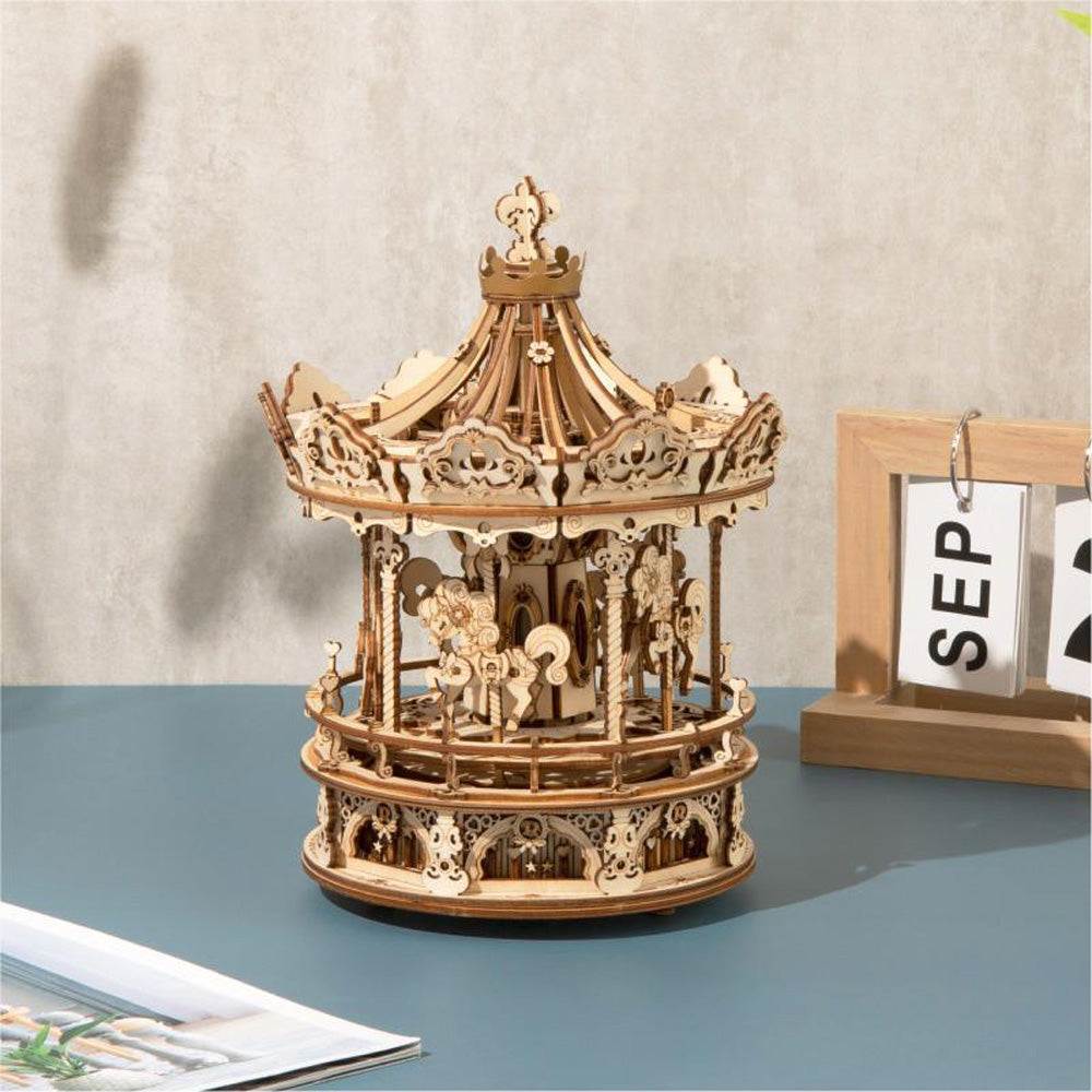 Robotime ROKR 3D Romantic Carousel Mechanical Music Box DIY Wooden Puzzle AMK62