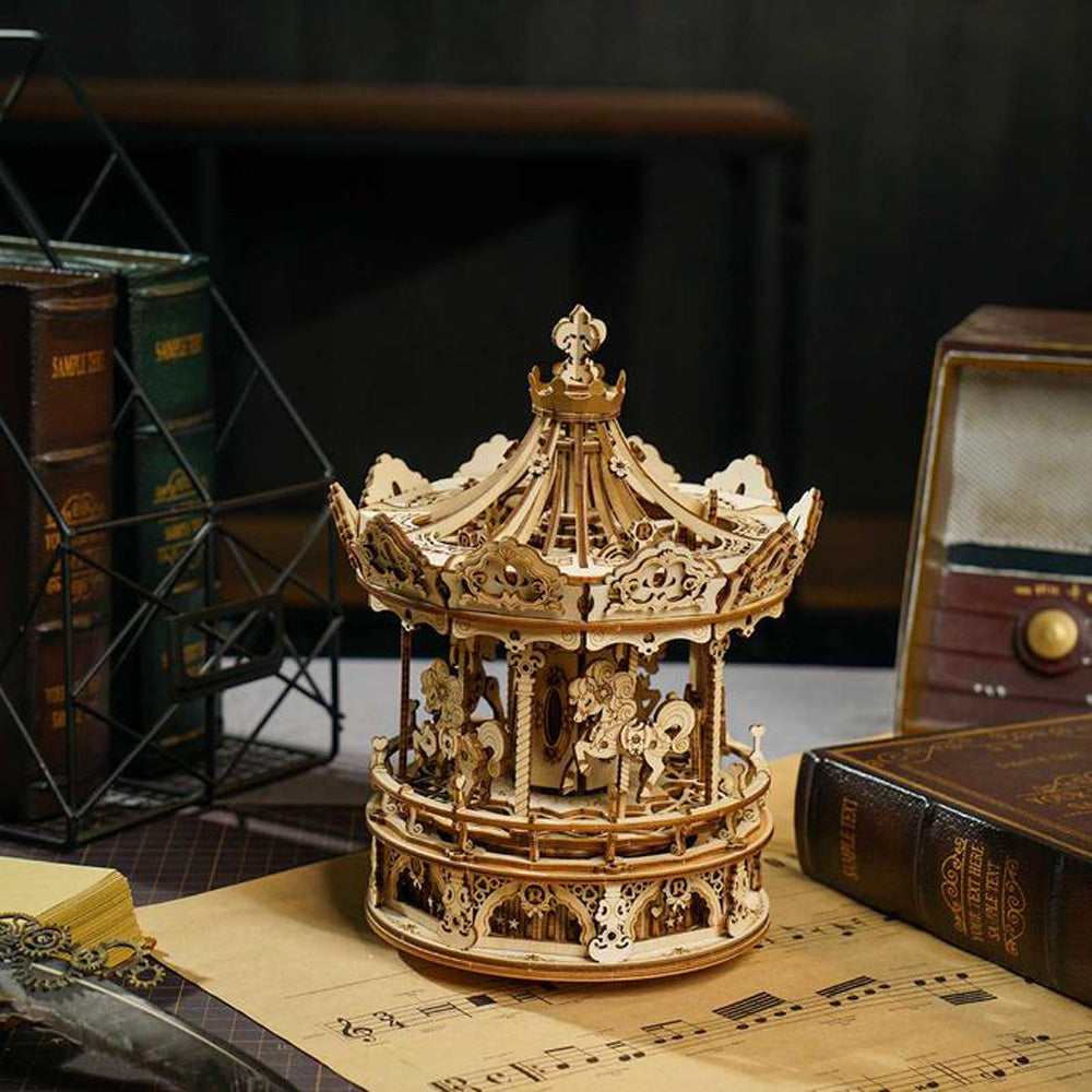 Robotime ROKR 3D Romantic Carousel Mechanical Music Box DIY Wooden Puzzle AMK62