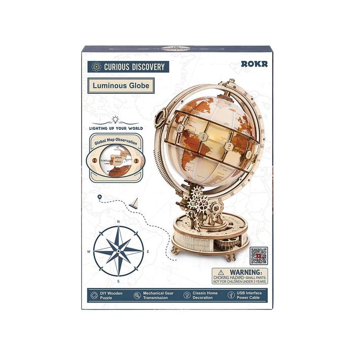 ROKR Luminous Globe 3D Wooden Puzzle (ST003) | Light-Up Globe with Magnifier