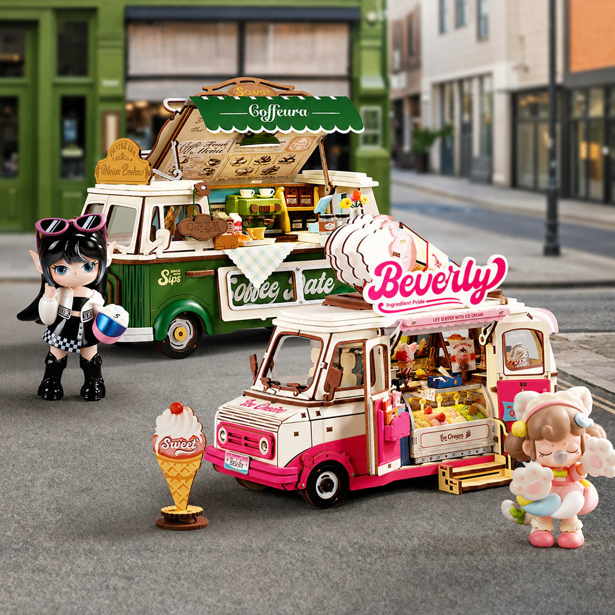 Rolife Beverly's Ice Cream Truck TGS06 displayed with Leo's Coffee Truck street scene