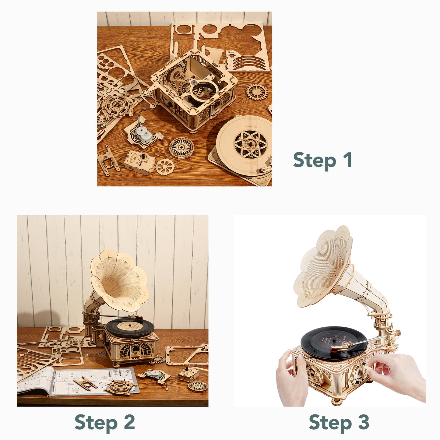 Robotime ROKR Classic Gramophone (Electric Version) Mechanical Models 3D Wooden Puzzle Funny Toy for Kids LKB01