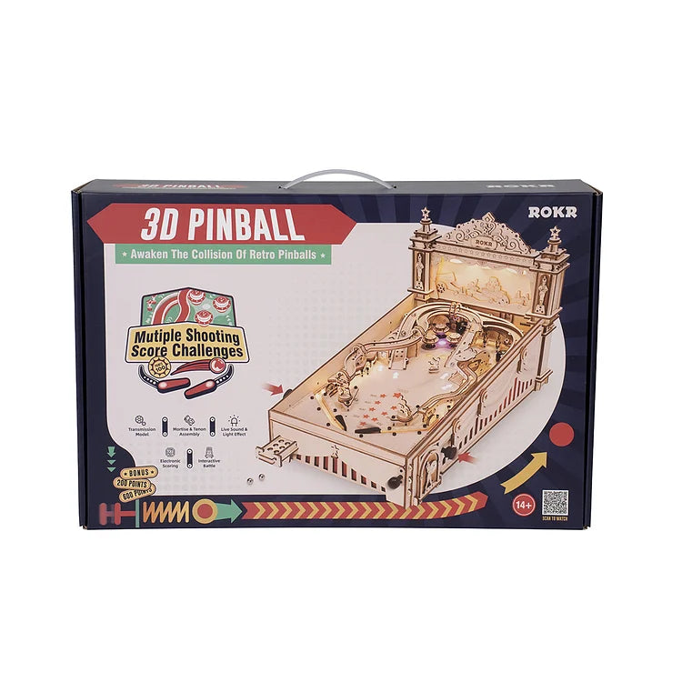 ROKR 3D Pinball Machine 3D Wooden Puzzle EG01 vintage style tabletop game Colorful LED lights