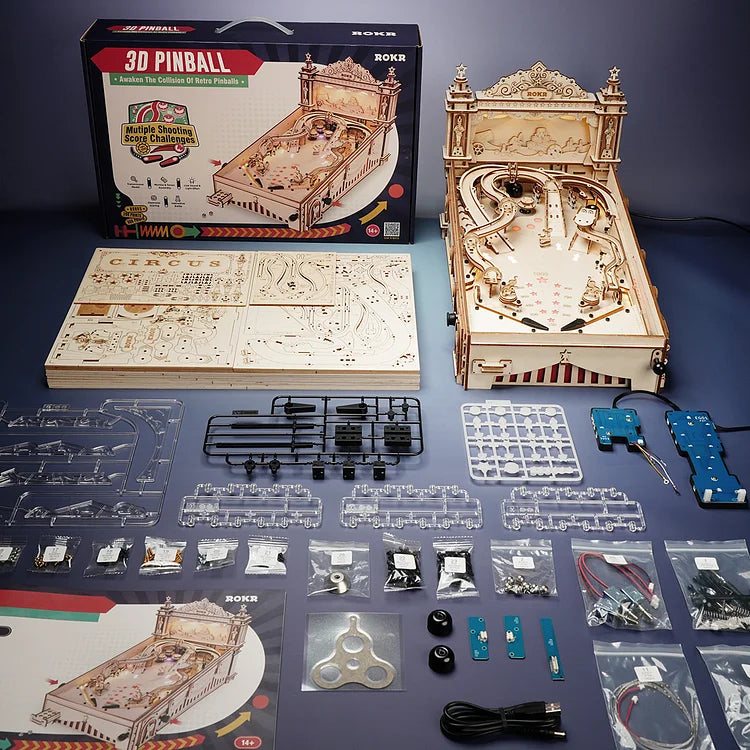 ROKR 3D Pinball Machine 3D Wooden Puzzle EG01 vintage style tabletop game Colorful LED lights
