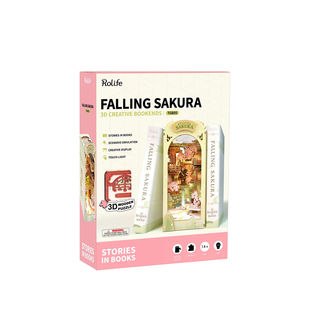 Rolife Falling Sakura DIY Book Nook Shelf Insert TGB05 LED light 3D Wooden Puzzle DIYGift For Kids