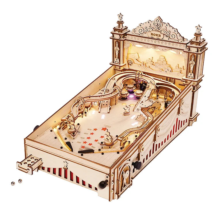 ROKR 3D Pinball Machine 3D Wooden Puzzle EG01 vintage style tabletop game Colorful LED lights