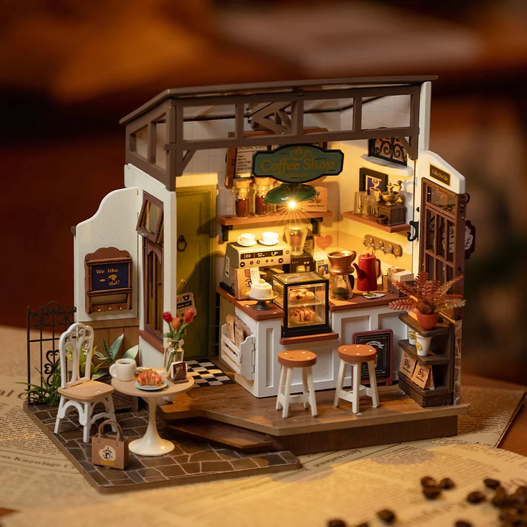 Rolife Flavory Café Miniature House kit DG162 LED light 3D Wooden Puzzle DIYGift For Kids