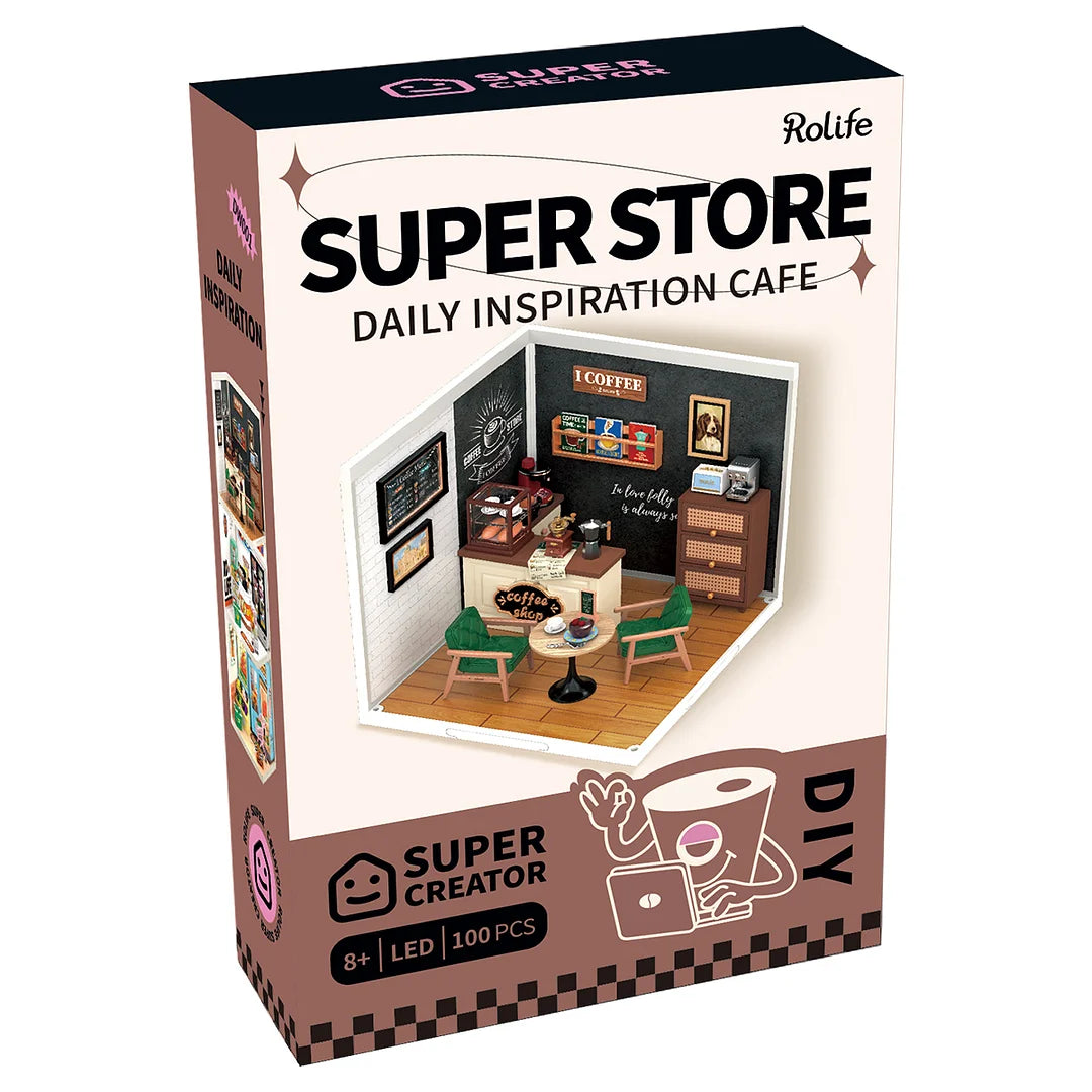 Rolife Super Creator Daily Inspiration Cafe Plastic DIY Miniature House Kit DW001 Toy Gift for Children Adult