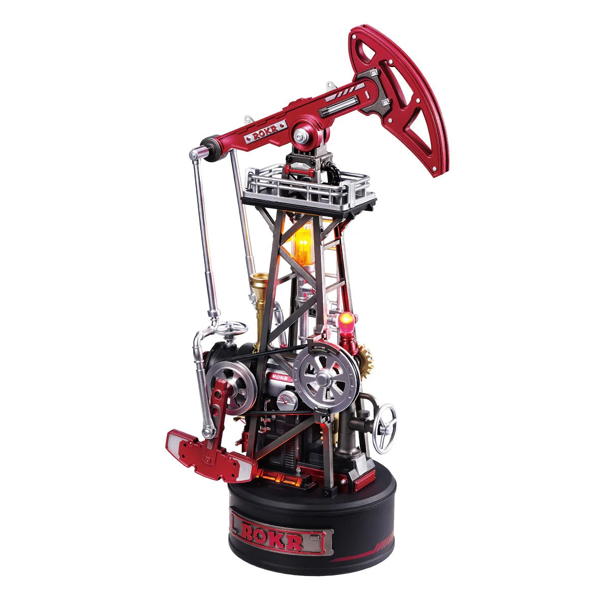 ROKR Oil Pump Jack CGL03 mechanical 3D wooden puzzle main product view with LED light and red industrial pumpjack design