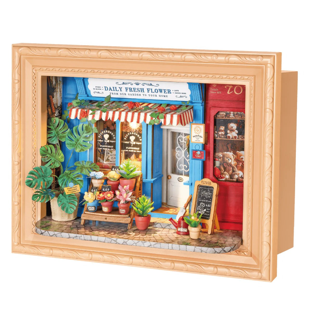 Rolife Daily Fresh Flower DP003 3D wooden puzzle front product view with blue flower shop shadow box frame and warm LED light