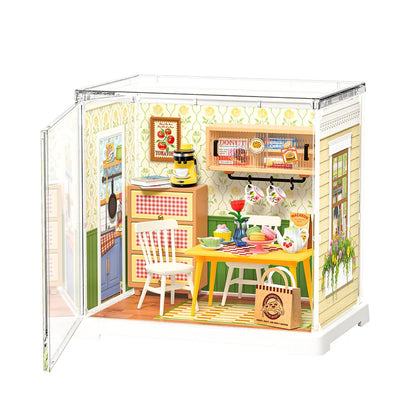Rolife Floral Dining Room DWS06B DIY miniature house kit with built-in dust cover, front product view
