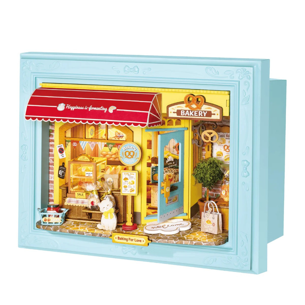 Rolife Fluffy Cat Bakery DP001 wooden 3D puzzle main product view with blue shadow box frame and bakery scene