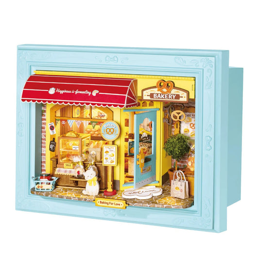 Rolife Fluffy Cat Bakery DP001 wooden 3D puzzle main product view with blue shadow box frame and bakery scene