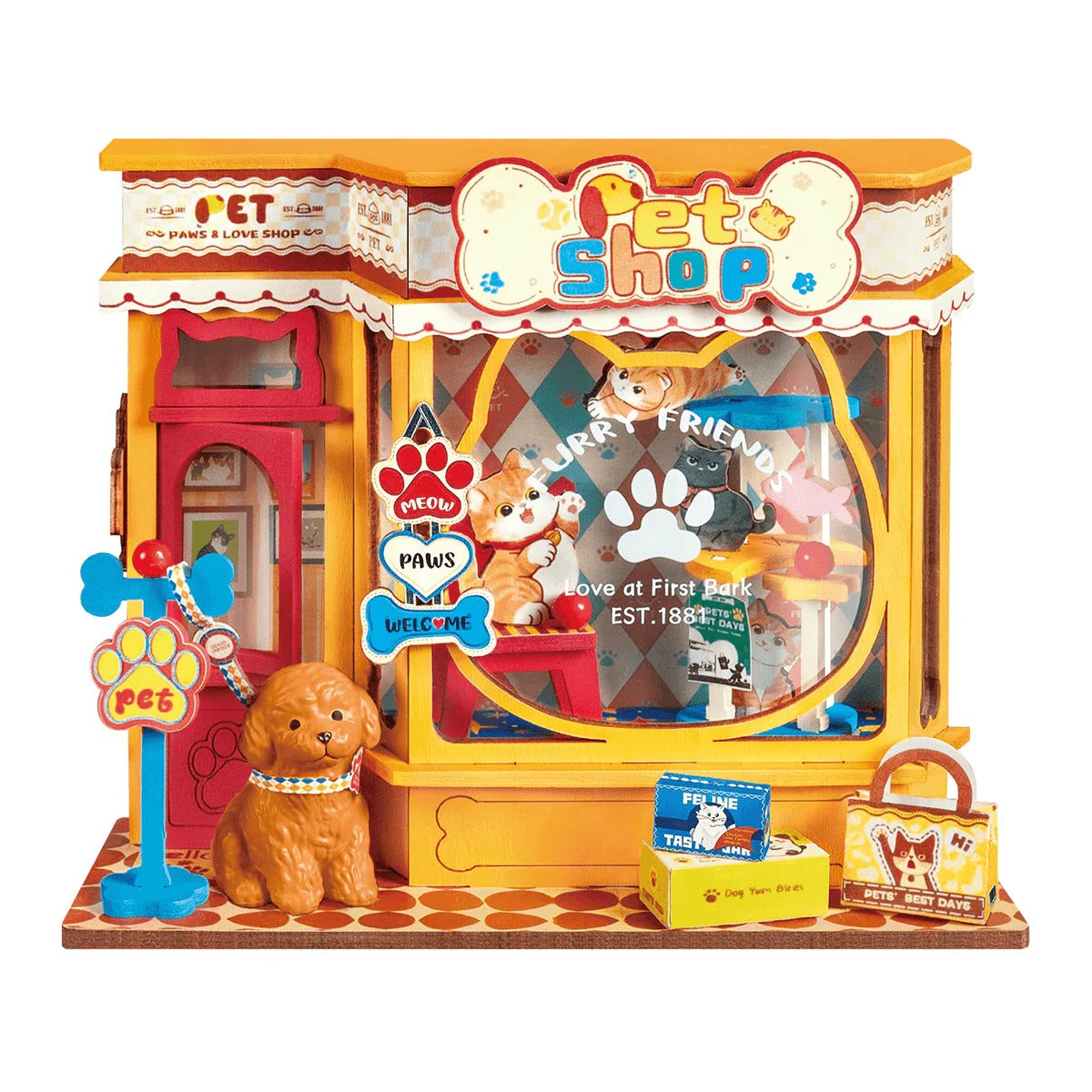 Rolife Pawfect Pet Shop DS045 DIY miniature house kit front view with dog, cats, and pet shop details