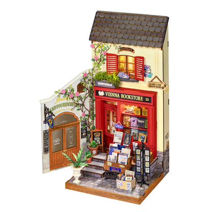 Rolife Vienna Bookstore DG183 DIY miniature house kit with red bookstore facade and warm LED light