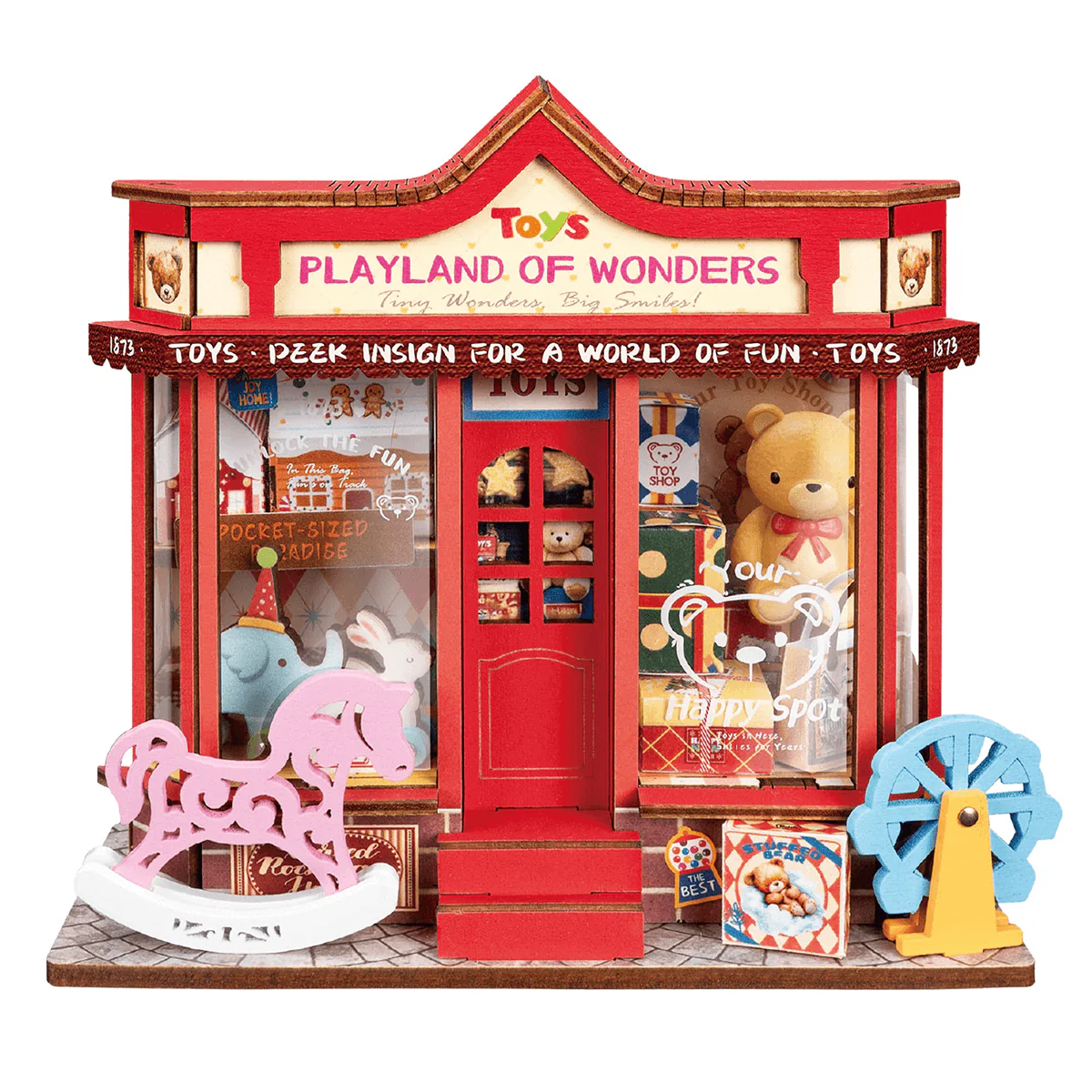 Rolife Whimsy Toy Shop DS044 DIY miniature house kit front view with red toy shop storefront.