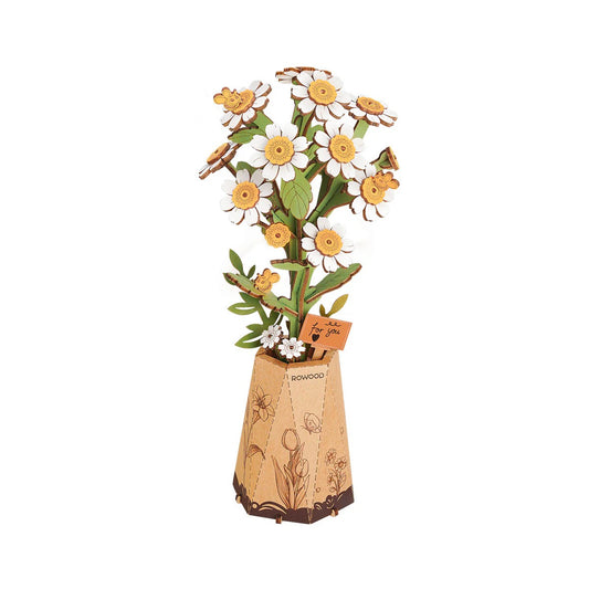 Rowood Chamomile TW061 DIY wooden flower puzzle front view with white daisy-style blooms in a paper flower pot