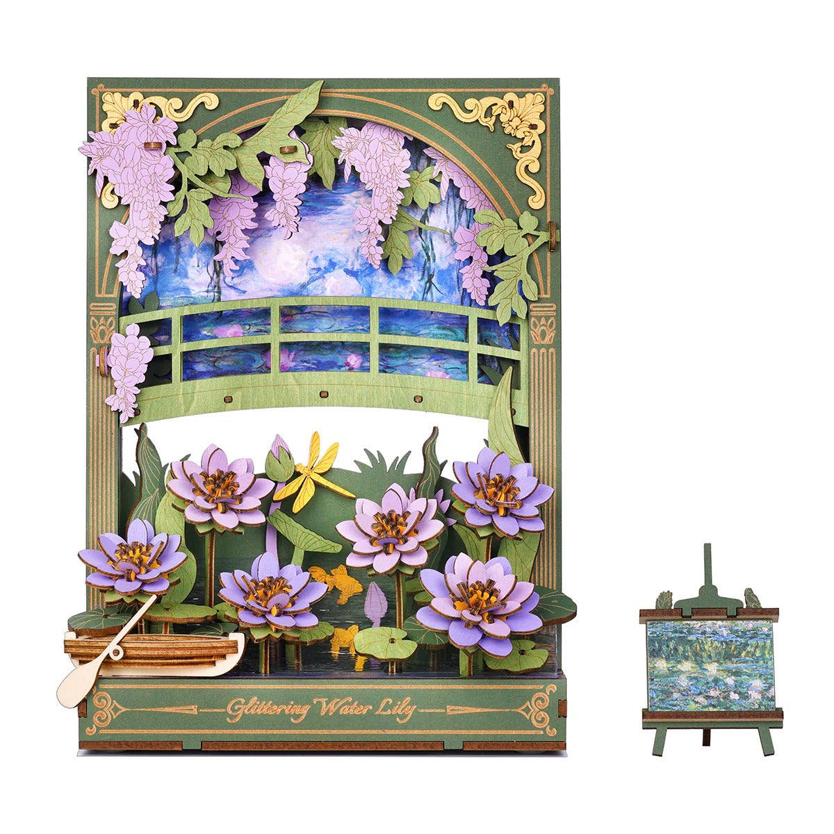 Rowood Glittering Water Lily TH001 3D wooden puzzle front product view with water lilies and mini easel