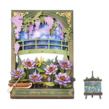 Rowood Glittering Water Lily TH001 3D wooden puzzle front product view with water lilies and mini easel