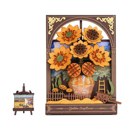 Rowood Golden Sunflower TH002 3D wooden wall art puzzle front product view with mini easel