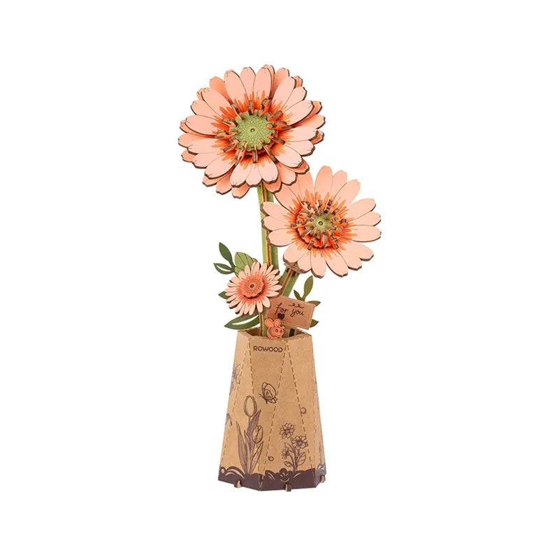 Rowood Light Orange Gerbera Daisy TW111 DIY wooden flower clean product view with peach orange gerbera blooms in a decorative paper flower pot