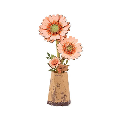 Rowood Light Orange Gerbera Daisy TW111 DIY wooden flower clean product view with peach orange gerbera blooms in a decorative paper flower pot