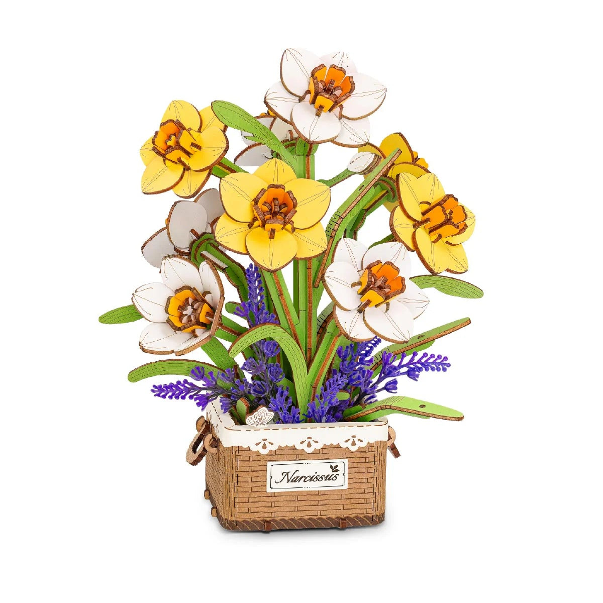 Rowood Narcissus TF002 DIY wooden flower bouquet front product view with yellow and white daffodils in woven planter