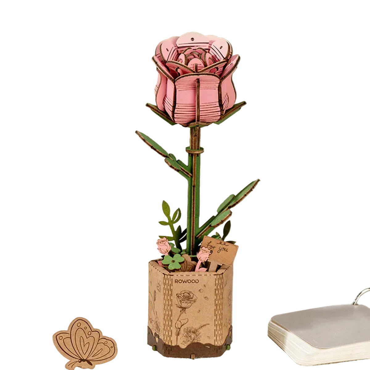 Rowood Pink Rose TW041 DIY wooden flower kit with layered pink rose and kraft pot display
