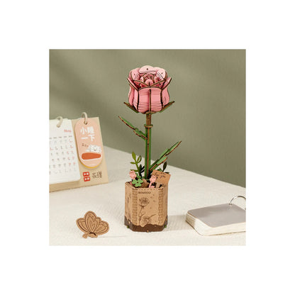 Rowood Pink Rose TW041 wooden rose model displayed on a desk as home decor