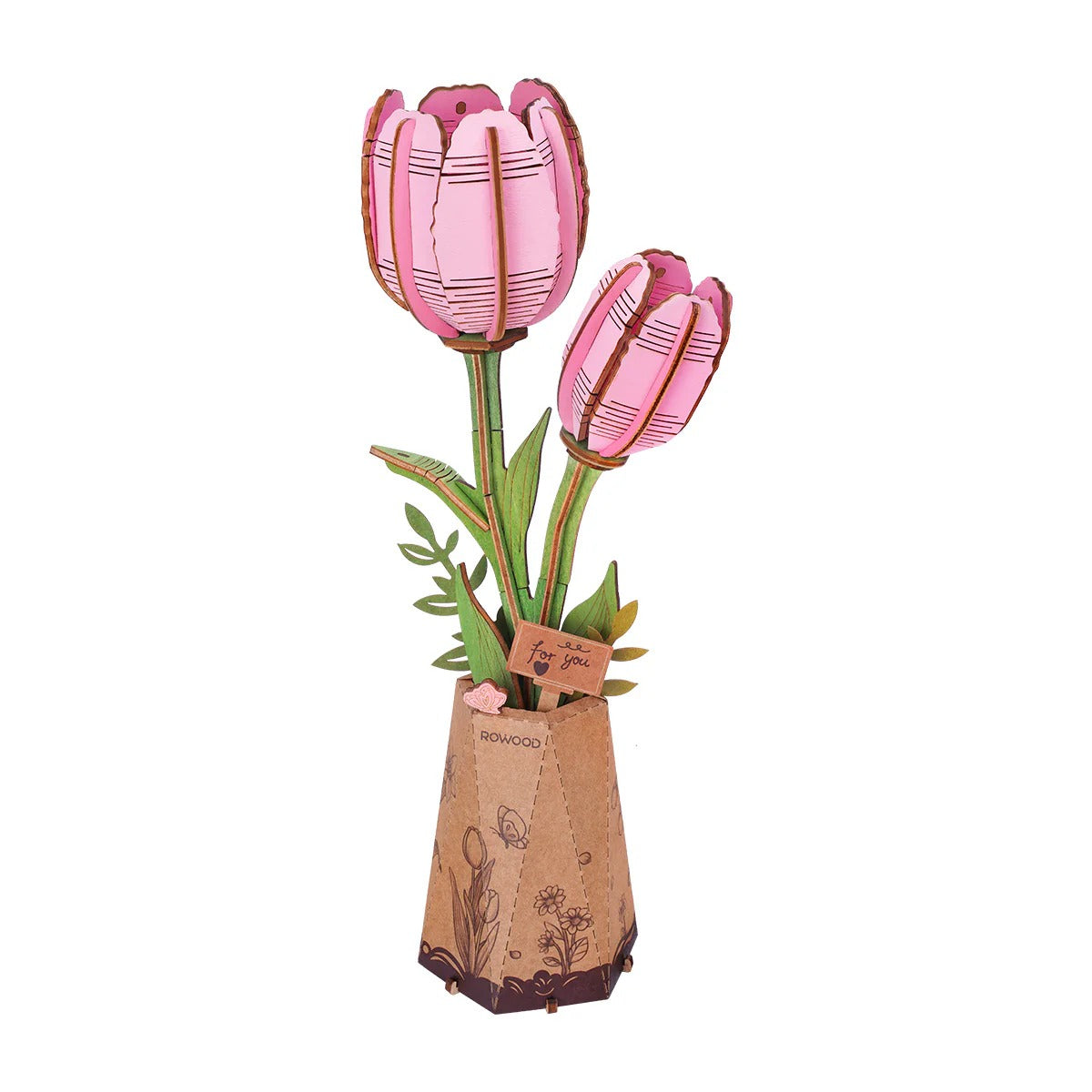 Rowood Pink Tulip TW082 DIY wooden flower puzzle front product view with two pink tulip blooms in a paper flower pot