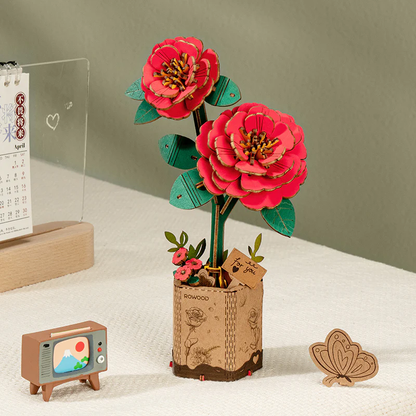 Rowood Red Camellia TW031 wooden flower 3D puzzle main product view in display planter
