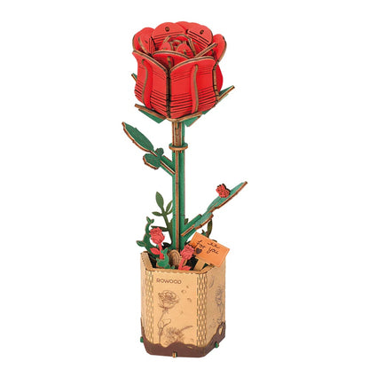 Rowood Red Rose TW042 DIY wooden flower kit shown as a single red rose in a decorative pot