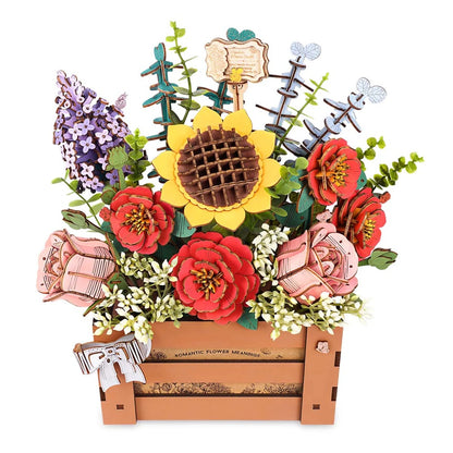 Rowood Wooden Bloom Box TW02H DIY 3D puzzle clean product view featuring a colourful wooden flower arrangement in a decorative crate box