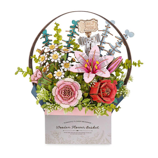 Rowood Wooden Flower Basket TW03H 3D wooden puzzle bouquet with pink lily, red rose, daisies and eucalyptus in a decorative basket