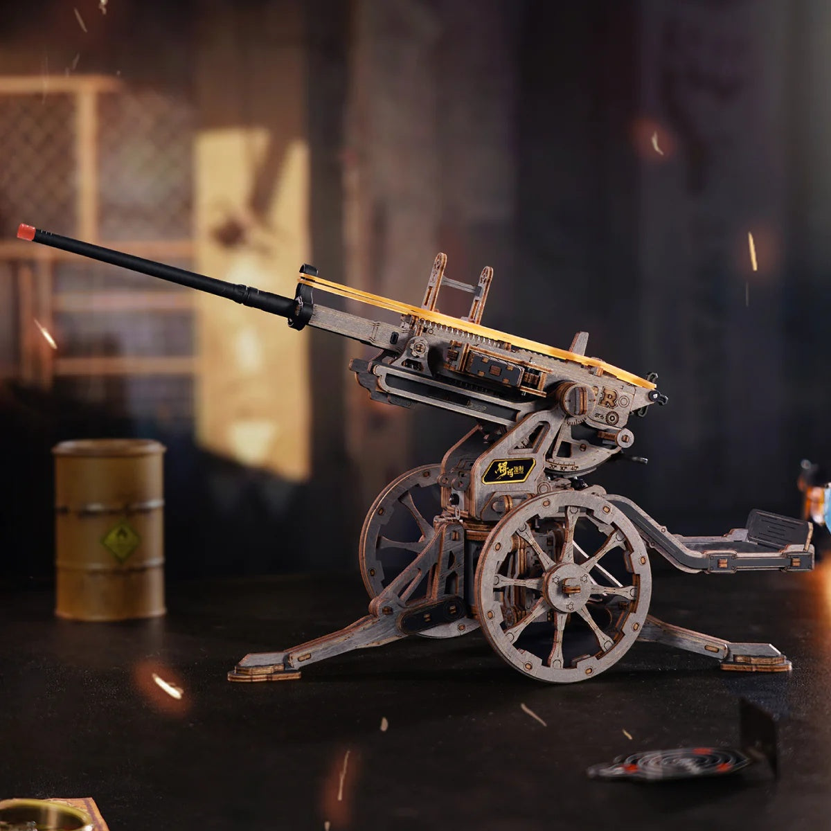 ROKR Anti-aircraft Gun LQM01 mechanical wooden model displayed in a dramatic workshop scene