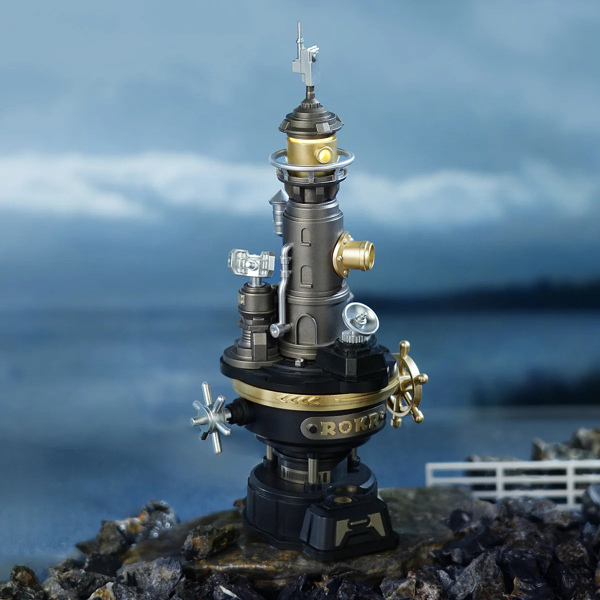 ROKR Navi Lighthouse CGM01 assembled mechanical lighthouse displayed in a coastal style scene