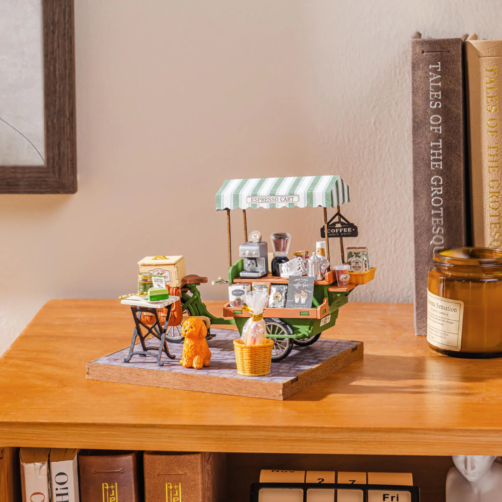 Rolife Aromatic Coffee Cart DG182 DIY miniature coffee cart displayed on a shelf