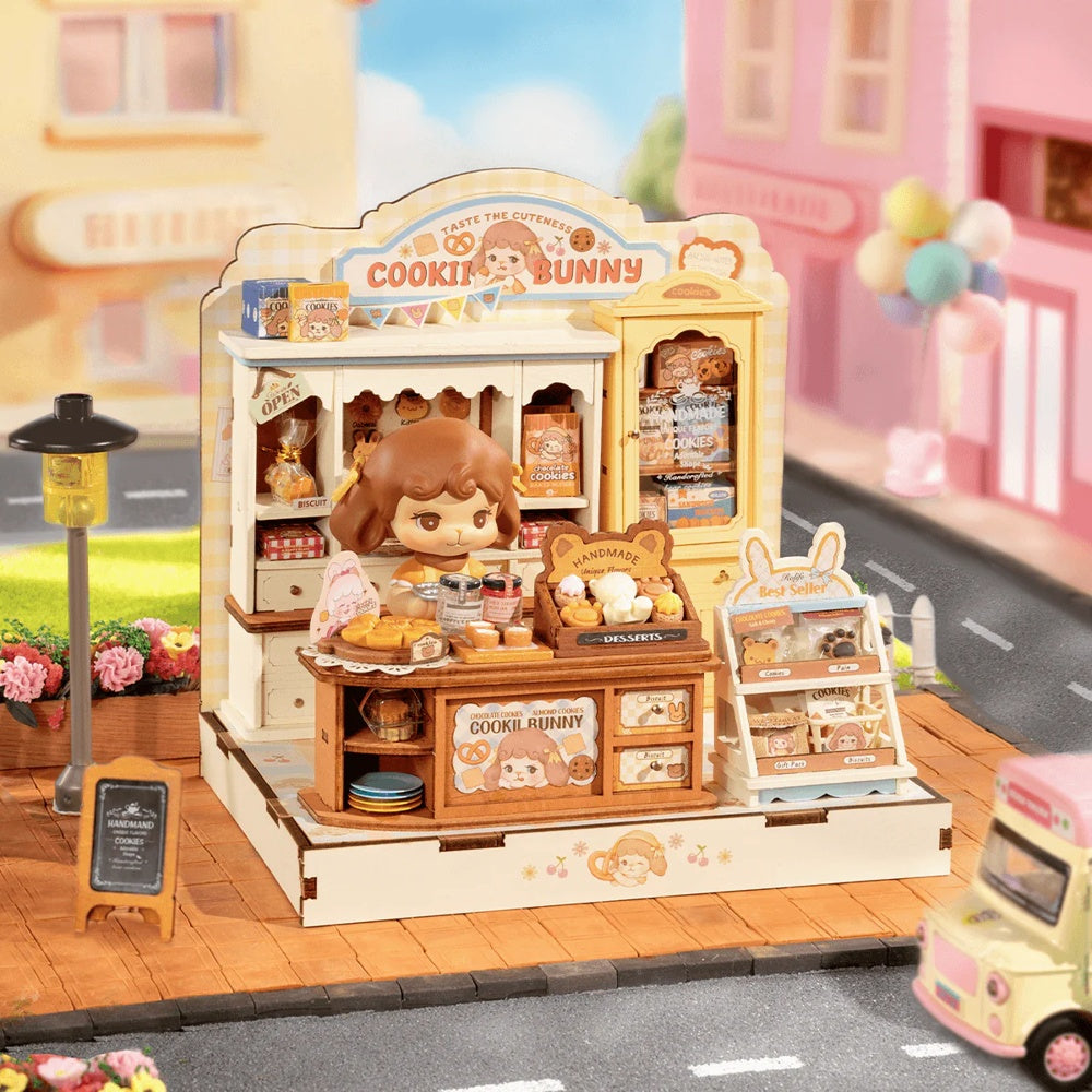 Rolife Cookii Bunny's Cookie Shop DG177 miniature bakery displayed in a styled street scene