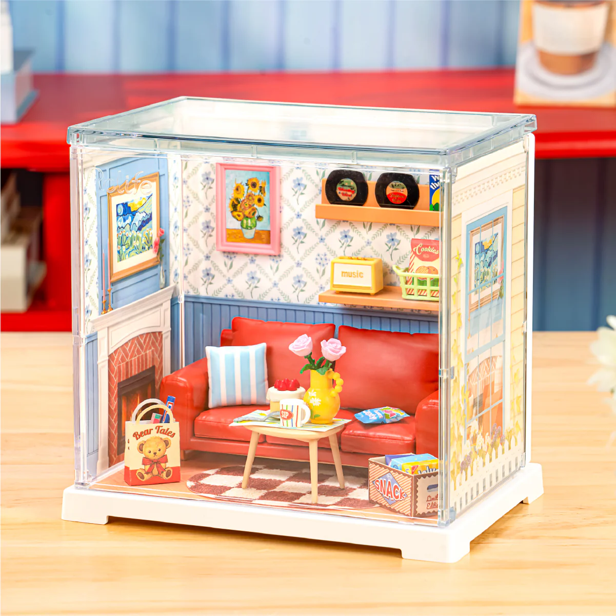 Rolife Country Blue Lounge DWS05B displayed on a table as a cozy miniature lounge room with dust cover