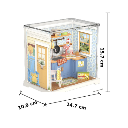 Rolife Homely Baking Kitchen DWS08B size guide showing assembled dimensions 14.7 cm x 10.9 cm x 15.7 cm.