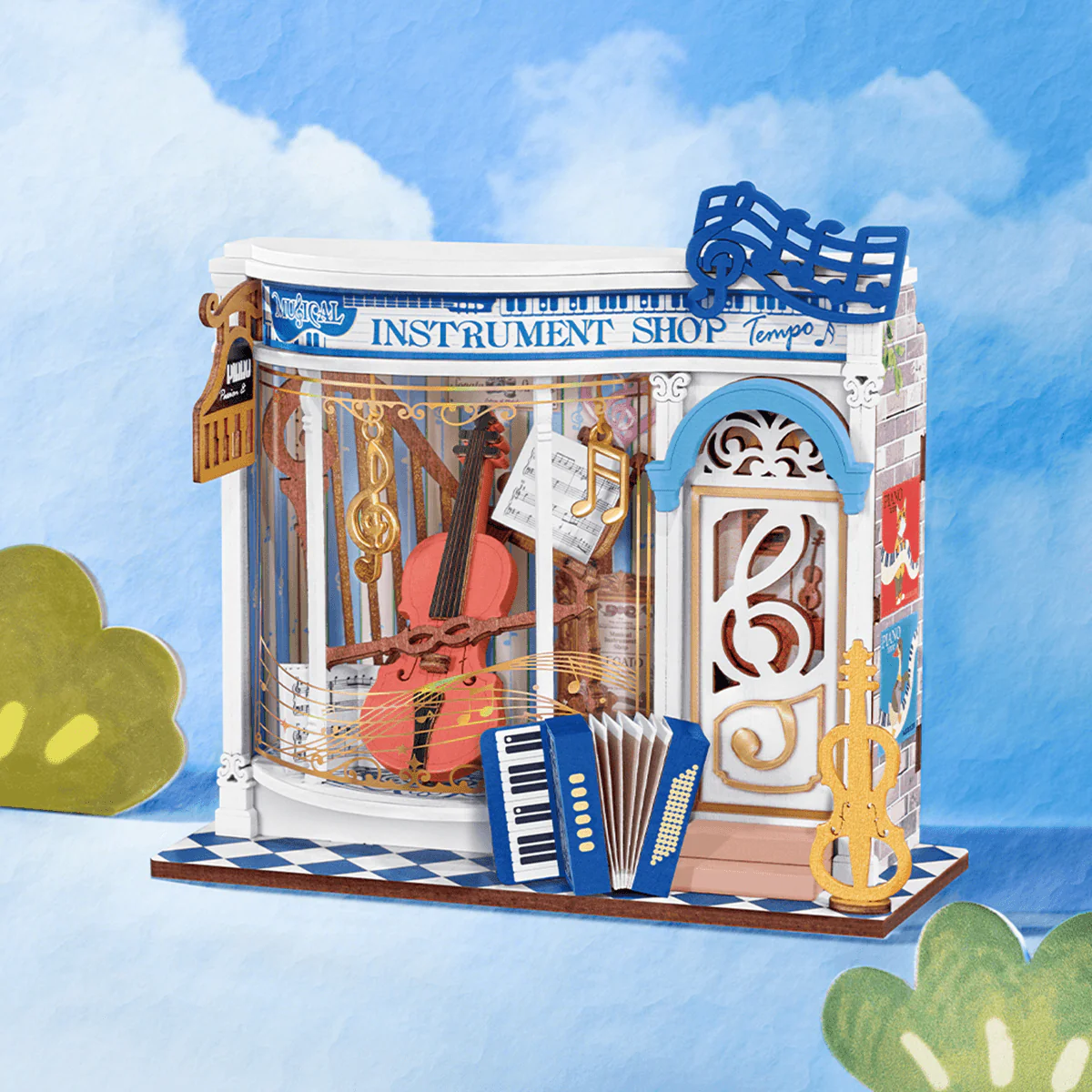 Rolife Melody Instrument Shop DS047 miniature music store displayed in a blue lifestyle scene